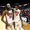 UNLV Rebels forwards Keylan Boone (20) and Kalib Boone (10) leave the court after a 74-71 loss to San Diego State Aztecs in overtime of a quarterfinal round of the Mountain West Conference tournament at the Thomas & Mack Center Thursday, March 14, 2024. 