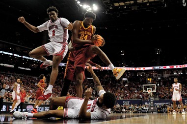 Iowa State forward Hason Ward (24) beats Houston center Cedric Lath (2) to a rebound during the second half of an NCAA college basketball game in the championship of the Big 12 Conference tournament, Saturday, March 16, 2024, in Kansas City, Mo. Iowa State won 69-41. 