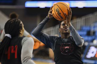 UNLV Lady Rebels center Desi-Rae Young (23) practices at UCLA’s Pauley Pavilion Friday, March 22, 2024, in Los Angeles.