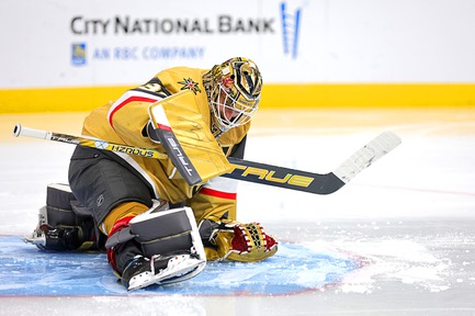 Vegas Golden Knights goaltender Adin Hill (33) stretches before the start of the second period of an NHL hockey game against the Columbus Blue Jackets at T-Mobile Arena Saturday, March 23, 2024.