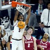 UConn guard Stephon Castle (5) dunks over Alabama forward Grant Nelson (2) during the second half of the NCAA college basketball game at the Final Four, Saturday, April 6, 2024, in Glendale, Ariz. 

