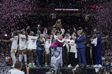 South Carolina players and coaches celebrate after the Final Four college basketball championship game against Iowa in the women’s NCAA Tournament, Sunday, April 7, 2024, in Cleveland. South Carolina won 87-75.


