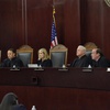 Arizona Supreme Court Justices from left; William G. Montgomery, John R Lopez IV, Vice Chief Justice Ann A. Scott Timmer, Chief Justice Robert M. Brutinel, Clint Bolick and James Beene listen to oral arguments on April 20, 2021, in Phoenix. 