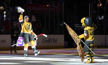Vegas Golden Knights center Tomas Hertl (48) is honored as a “Star of the Knight” after an NHL hockey game against the Minnesota Wild at ...