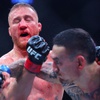 Max Holloway, right, knocks out Justin Gaethje in the fifth round of a lightweight bout during UFC 300 at T-Mobile Arena Saturday, April 13, 2024, in Las Vegas.