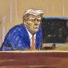Photo: In this courtroom sketch, former President Donald 