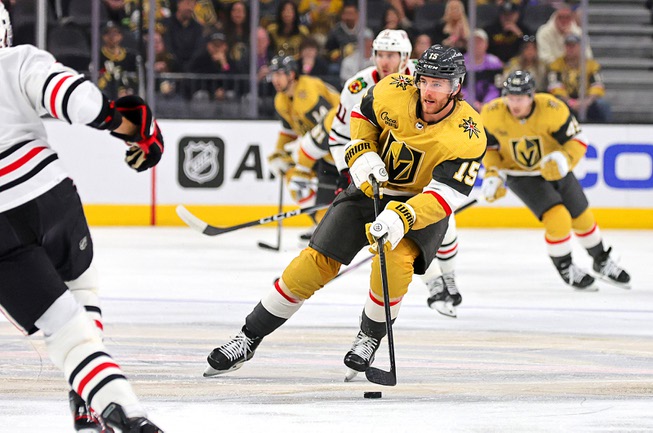 Vegas Golden Knights defenseman Noah Hanifin (15) skates against the Chicago Blackhawks during the first period of an NHL hockey game at T-Mobile Arena Tuesday, April 16, 2024.