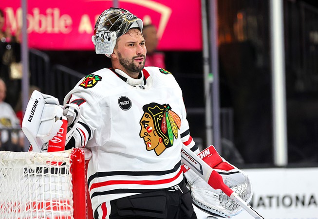 Chicago Blackhawks goaltender Petr Mrazek (34) waits for an official review during the third period of an NHL hockey game against the Vegas Golden Knights at T-Mobile Arena Tuesday, April 16, 2024.