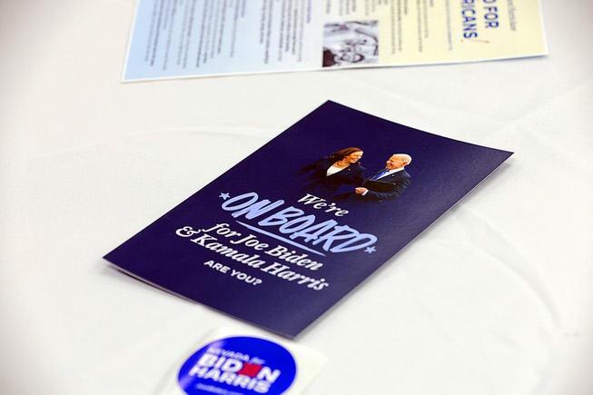Biden-Harris campaign literature is shown on a table during a Black Maternal Health Panel Discussion at the Doolittle Senior Center Wednesday, April 17, 2024. The event was part of Black Maternal Health Week and promoted by the Biden-Harris campaign.