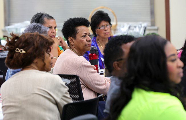 Women listen to speakers during a Black Maternal Health Panel Discussion at the Doolittle Senior Center Wednesday, April 17, 2024. The event was part of Black Maternal Health Week and promoted by the Biden-Harris campaign.