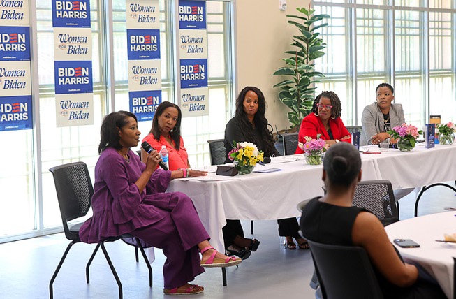 Moderator Tanya Flanagan, far left, moderates a Black Maternal Health Panel Discussion at the Doolittle Senior Center Wednesday, April 17, 2024. Panelists, from left, are Dr. Marguerite Brathwaite, Shenakwa Hawkins, Shondra Summers-Armstrong and Tiara Flynn. The event was part of Black Maternal Health Week and promoted by the Biden-Harris campaign.