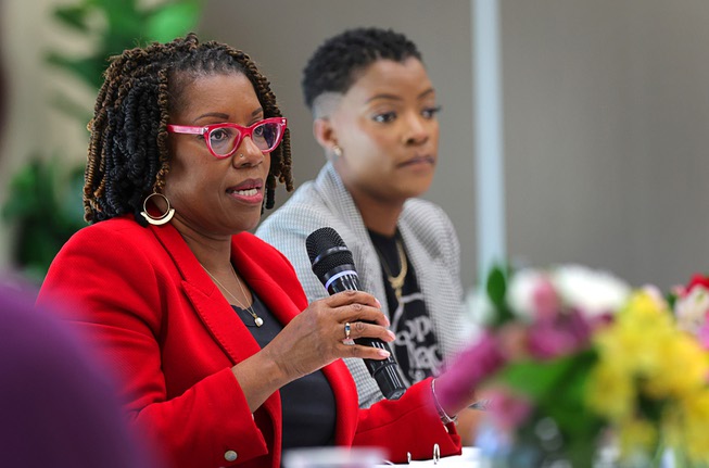 State Assemblywoman Shondra Summers-Armstrong, left, speaks during a Black Maternal Health Panel Discussion at the Doolittle Senior Center Wednesday, April 17, 2024. Tiara Flynn listens at right. The event was part of Black Maternal Health Week and promoted by the Biden-Harris campaign.
