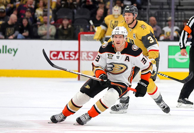 Anaheim Ducks right wing Jakob Silfverberg (33), playing in his last NHL game before retiring, skates ahead of Vegas Golden Knights defenseman Brayden McNabb (3) during the first period of an NHL hockey game at T-Mobile Arena Thursday, April 18, 2024. 