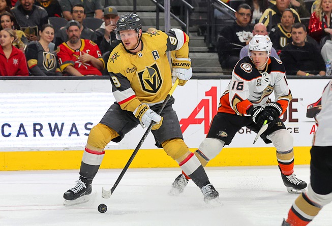Vegas Golden Knights center Jack Eichel (9) skates against Anaheim Ducks center Ryan Strome (16) during the first period of an NHL hockey game at T-Mobile Arena Thursday, April 18, 2024.