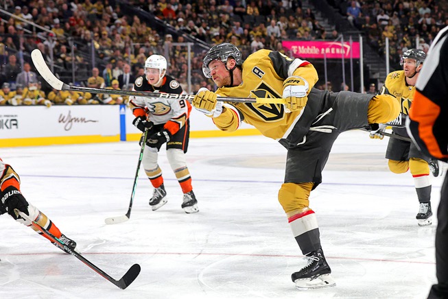 Vegas Golden Knights center Jack Eichel (9) takes a shot on goal during the third period of an NHL hockey game against the Anaheim Ducks at T-Mobile Arena Thursday, April 18, 2024.
