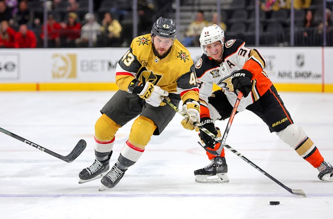 Vegas Golden Knights center Paul Cotter (43) skates against Anaheim Ducks right wing Jakob Silfverberg (33) during the third period of an NHL hockey game at T-Mobile Arena Thursday, April 18, 2024.
