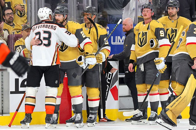 Vegas Golden Knights players line up to meet with Anaheim Ducks right wing Jakob Silfverberg (33) after an NHL hockey game at T-Mobile Arena Thursday, April 18, 2024. Silfverberg announced earlier this month that he would retire at the end of the season.
