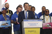 U.S. Transportation Secretary Pete Buttigieg speaks during Brightline West's groundbreaking ceremony Monday, April 22, 2024.