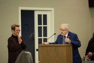 Holocaust survivor Ben Lesser makes a few remarks about Ann Raskin’s documentary, which features Lesser’s harrowing story, during a private screening at King David Memorial Chapel Thursday April 25, 2024.