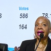Bishop Tracy Smith Malone surveys the results of a delegate vote in favor of a worldwide regionalization plan as she presides over a legislative session of the 2024 United Methodist General Conference in Charlotte, N.C., on April 25, 2024. The proposal needed a two-third majority vote to pass.