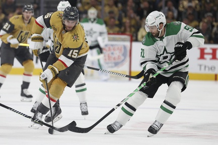 Vegas Golden Knights defenseman Noah Hanifin (15) skates past Dallas Stars center Tyler Seguin (91) during the first period in Game 3 of an NHL hockey Stanley Cup first-round playoff series Saturday, April 27, 2024, in Las Vegas.