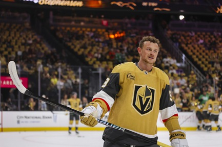 Vegas Golden Knights center Jack Eichel (9) warms up before Game 4 of an NHL hockey Stanley Cup first-round playoff series against the Dallas Stars at T-Mobile arena Monday, April 29, 2024.