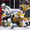 Vegas Golden Knights goaltender Logan Thompson (36) blocks a shot by Dallas Stars center Wyatt Johnston (53) during the second period in Game 4 of an NHL hockey Stanley Cup first-round playoff series at T-Mobile arena Monday, April 29, 2024.