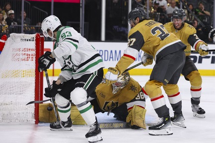 Vegas Golden Knights goaltender Logan Thompson (36) blocks a shot by Dallas Stars center Wyatt Johnston (53) during the second period in Game 4 of an NHL hockey Stanley Cup first-round playoff series at T-Mobile arena Monday, April 29, 2024.