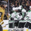 The Dallas Stars celebrate after they score against the Vegas Golden Knights during the second period in Game 4 of an NHL hockey Stanley Cup first-round playoff series at T-Mobile arena Monday, April 29, 2024.