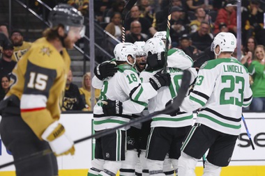 The Dallas Stars celebrate after they score against the Vegas Golden Knights during the second period in Game 4 of an NHL hockey Stanley Cup first-round playoff series at T-Mobile arena Monday, April 29, 2024.
