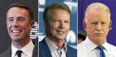 At left, former Atlanta Falcons' quarterback Matt Ryan announces his retirement during a news conference in Flowery Branch, Ga. Monday, April 22, 2024. At center, Phil Simms attends the Paramount 2022 Upfront party in New York, May 18, 2022. At right Boomer Esiason before the NFL Super Bowl 58 football game in Las Vegas Sunday, Feb. 11, 2024.

