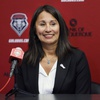 Gloria Nevarez, who has been named the next commissioner of the Mountain West, speaks during a news conference before an NCAA college basketball game between Air Force and New Mexico in Albuquerque, N.M., Jan. 27, 2023. A postseason football tournament involving only schools from outside the Power Four conferences could only work if it does not interfere with the 12-team College Football Playoff. Nevarez says she has seen the presentation that has been making the rounds among Group of Five administrators about a G5 playoff of sorts that would be funded by private equity. 


