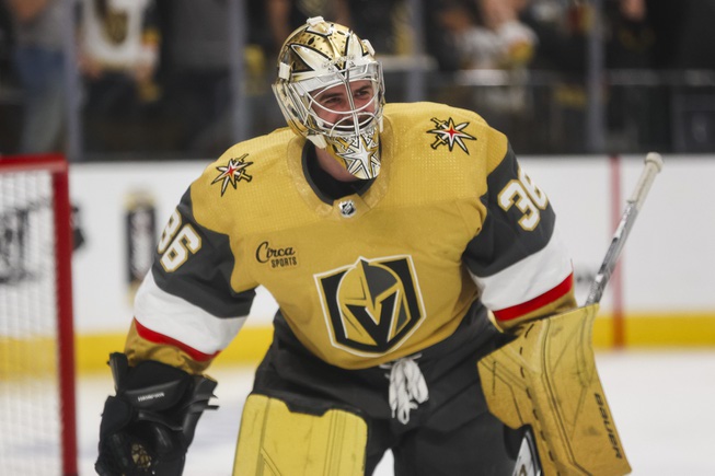 Vegas Golden Knights goaltender Logan Thompson (36) warms up before Game 6 of an NHL hockey Stanley Cup first-round playoff series against the Dallas Stars at T-Mobile arena Friday, May 3, 2024.