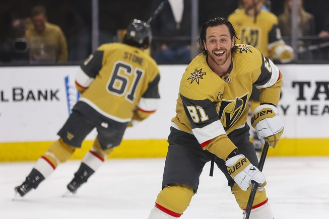 Vegas Golden Knights right wing Jonathan Marchessault (81) warms up before Game 6 of an NHL hockey Stanley Cup first-round playoff series against the Dallas Stars at T-Mobile arena Friday, May 3, 2024.