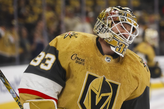 Vegas Golden Knights goaltender Adin Hill (33) warms up before Game 6 of an NHL hockey Stanley Cup first-round playoff series against the Dallas Stars at T-Mobile arena Friday, May 3, 2024.