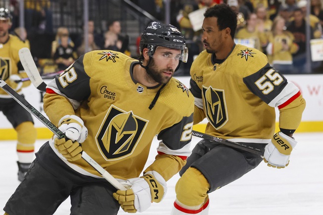 Vegas Golden Knights right wing Michael Amadio (22) and Vegas Golden Knights right wing Keegan Kolesar (55) warm up before Game 6 of an NHL hockey Stanley Cup first-round playoff series against the Dallas Stars at T-Mobile arena Friday, May 3, 2024.