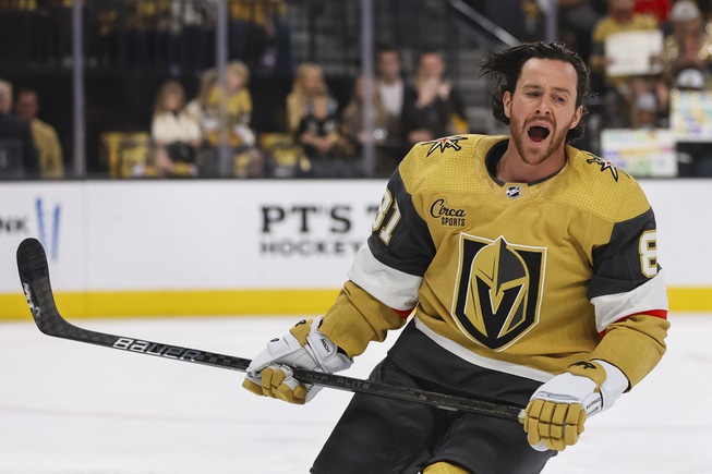 Vegas Golden Knights right wing Jonathan Marchessault (81) warms up before Game 6 of an NHL hockey Stanley Cup first-round playoff series against the Dallas Stars at T-Mobile arena Friday, May 3, 2024.