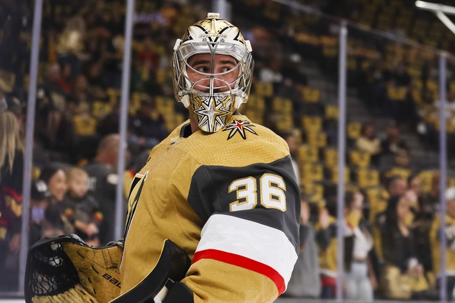 Vegas Golden Knights goaltender Logan Thompson (36) warms up before Game 6 of an NHL hockey Stanley Cup first-round playoff series against the Dallas Stars at T-Mobile arena Friday, May 3, 2024.