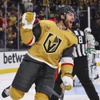 Vegas Golden Knights defenseman Noah Hanifin (15) celebrates after scoring against Dallas Stars goaltender Jake Oettinger (29) during the third period of Game 6 of an NHL hockey Stanley Cup first-round playoff series at T-Mobile Arena Friday, May 3, 2024.