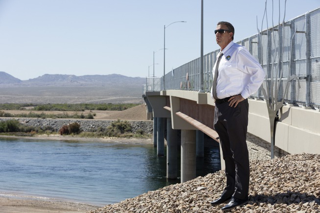 Bullhead City Mayor Steve D’Amico stands in front of a new bridge in Bullhead City, Arizona that spans the Colorado River and connects to Laughlin, Nevada Tuesday, April 30, 2024. The bridge is scheduled to open June 7 of this year.