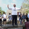 Rabbi Levi Cunin, with Chabad on Campus, speaks during a pro-Israel rally at Indiana University in Bloomington, Ind., Thursday, May 2, 2024. 


