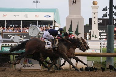 Sierra Leone, with jockey Tyler Gaffalione, (2), Forever Young, with jockey Ryusei Sakai, and Mystik, with jockey Dan Brian Hernandez Jr., cross finish line at Churchill Downs during the 150th running of the Kentucky Derby horse race Saturday, May 4, 2024, in Louisville, Ky. 
