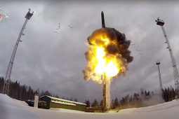 This photo taken from video provided by the Russian Defense Ministry Press Service on Feb. 19, 2022, shows a Yars intercontinental ballistic missile being launched from an air field during military drills in Russia.