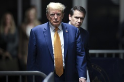 Former President Donald Trump, followed by his attorney Todd Blanche, walks to speak to reporters following the day's proceedings in his trial, Tuesday, May 7, 2024, in New York. 


