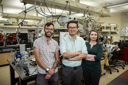 From left, professors Andrew Martin, geochemistry, Jeremy Cho, mechanical engineering, and Marie-Odile Fortier, civil and environmental engineering and constriction, pose for a photo in the science and engineering lab at UNLV Tuesday May 8, 2024.