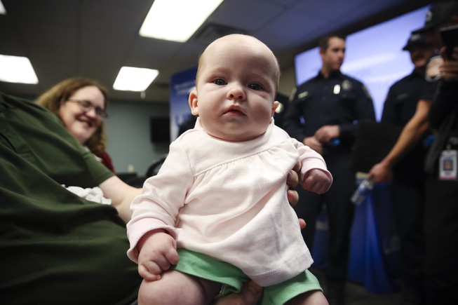 Three-month-old Johanna Spellacy poses for a photo during a press conference at the UMC Trauma Center Tuesday, May 7, 2024. Johanna’s life was saved on Feb. 7 when Las Vegas Fire & Rescue paramedics relieved constriction to her umbilical cord when she wasn’t getting enough oxygen during a breech birth.