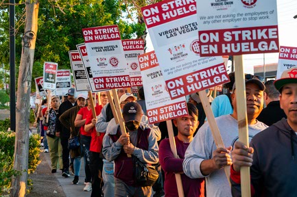Culinary Union workers picket outside of Virgin Hotels Las Vegas during a 48-hour strike on Friday, May 10, 2024.
