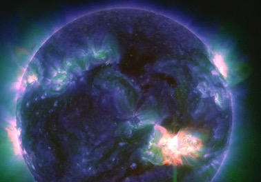 This image provided by NASA shows a solar flare, as seen in the bright flash in the lower right, captured by NASA’s Solar Dynamics Observatory on May 9, 2024. A severe geomagnetic storm watch has been issued for Earth starting Friday and lasting all weekend — the first in nearly 20 years.