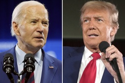 In this combination photo, President Joe Biden speaks May 2, 2024, in Wilmington, N.C., left, and Republican presidential candidate former President Donald Trump speaks at a campaign rally, May 1, 2024, in Waukesha, Wis.