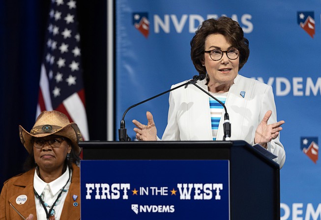 Sen. Jacky Rosen, D-Nev., speaks during the Nevada State Democratic Party’s biennial convention at the MGM Grand Conference Center Saturday, May 18, 2024. Nevada Democratic Party Chairwoman Daniele Monroe-Moreno listens at left.